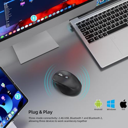 INFINMIND Wireless Bluetooth Mouse, Multi Device (BT1/BT2 + 2.4G USB) Mouse for Laptop, iPad & Mac, 4-Way Scroll with Side Buttons, Silent Click Ergonomic Offce Mouse, Adjustable DPI - color: Black