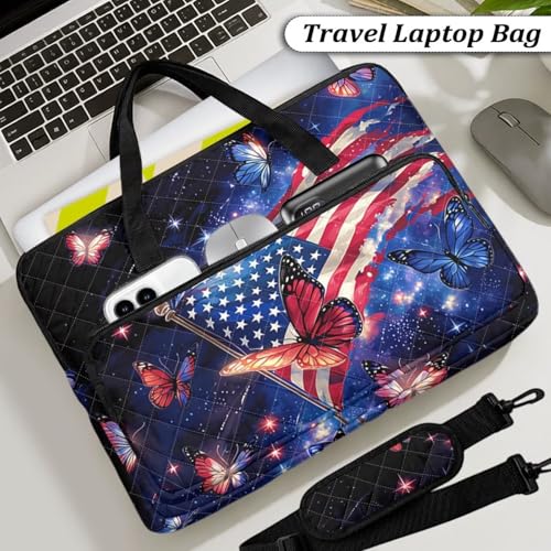 Laptop Sleeve, Laptop Cover with Adjustable Strap Computer Bag Tablet Notebook Sleeves Handbag Messenger Briefcase - color: Butterfly American Flag Design