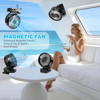 ELZO 12000mAh Clip on Fan, USB Desk Fan Rechargeable with LED Light & Hanging Hook & Magnetic (Black)