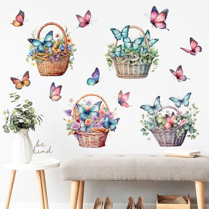 Flower Basket Butterfly Wall Stickers Bedroom Bathroom Restroom Cistern Nursery Decor DIY Removable Bouquet Toilet Seat Lid Decals 4 Pcs (Green) - color: Green