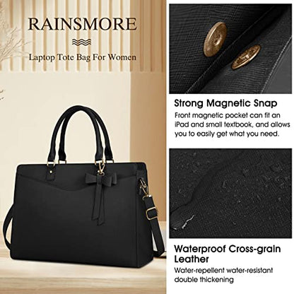 RAINSMORE Laptop Bag for Women 15.6 Inch PU Tote Bag Business Office Work Bag Waterproof Briefcase Computer Tote Lightweight Handbag Shoulder, Black - color: Black