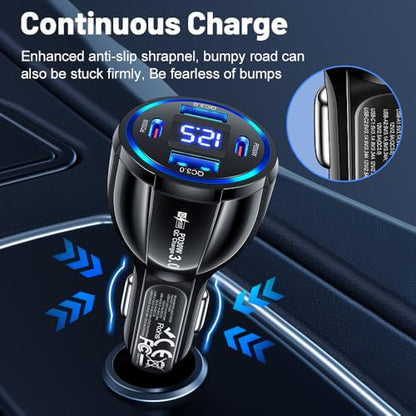USB C Car Phone Charger Adapter with Voltmeter Compatible with iPhone 16 15 14 13 12 11, Android, Samsung, 100W 4 in 1 Multi-Port Fast Charging Cigarette Lighter USB Charger (Black) - color: Black