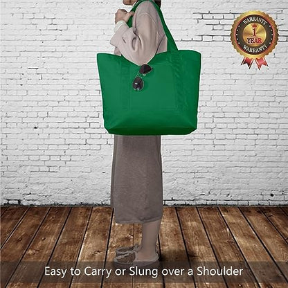 TOPDesign 1-Pack Canvas Tote Bag with an External Pocket, Reusable Grocery Shopping Bag, Top Zipper Closure, Daily Essentials (Green) - color: Green
