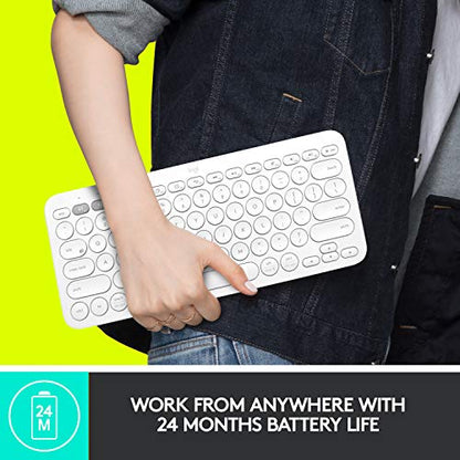 Logitech K380 Pebble Wireless Multi-Device Keyboard for Apple iOS, Apple TV Android or Chrome, Bluetooth, Compact Space-Saving Design, PC/Mac/Laptop/Smartphone/Tablet - Off White | Compact Bluetooth Keyboard, Pair and Switch Between 3 Devices, Scissor Key