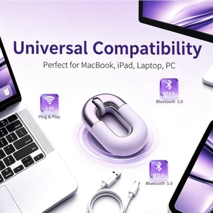 Travel Mouse Purple Wireless Mouse for Laptop Bluetooth Silent Mouse | Rechargeable Portable Cute Donut Mice Dual Mode & 2.4G, 1200 DPI for Mac, iPad, PC - color: Purple