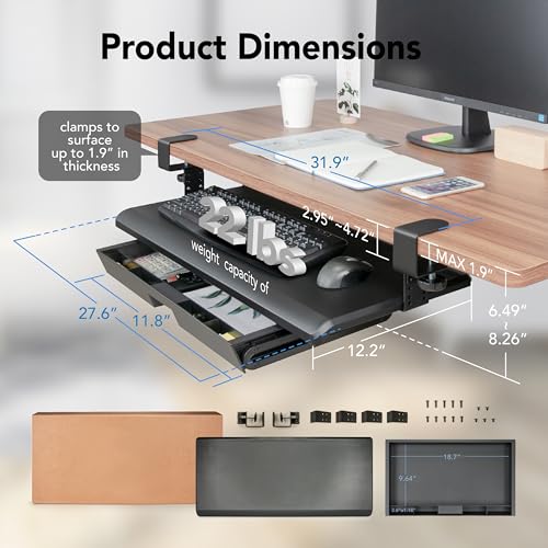 EHO Keyboard Tray with Drawer - Clamp On Under Desk Pull Out Extender Table Attachment Platform with Storage Organizer, Large 27.5" (31.8" Including Clamps) x 12.2", Height Adjustable for Home Office - size: 27.5 inch, style: keyboard tray platform with d