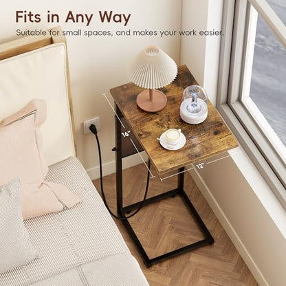 Vagusicc C-Shaped End Tables Set of 2 with Charging Station, 33'' Tall C Table Adjustable Height Side Table, Sofa Table for Couch, Couch Table that Slide Under Sofa, TV Trays for Living Room, Brown - color: 2pc Rustic Brown, style: With Plug