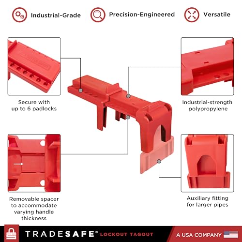 TRADESAFE Adjustable Ball Valve Lockout, 1/2 to 4-1/4 inch Pipe Dia, 2 Pack | Locks Valves In On Or Off Position, Includes Auxiliary Fitting For Larger Valves, Supports Up To 6 Loto Locks