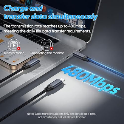 2-in-1 USB C Cable 6Ft USB C to USB C、90 Degree USB-C Cable,140W Multi Charger Cable for laptops, iPhone 17/16, MacBook Pro/Air, iMac、Galaxy Series and More