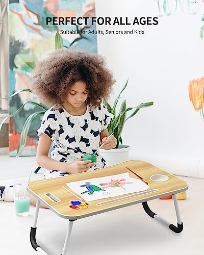 FISYOD Foldable Laptop Table, Portable Lap Desk Bed Table Tray, Laptop Stand with Cup Holder & Tablet Slot & Lifting Handle for Working Writing Drawing & Eating (Wood) - color: Wood