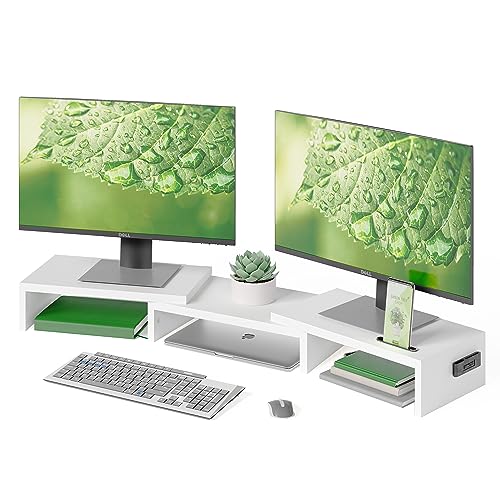 BONTEC Dual Monitor Stand Riser with Smartphone Holder, Adjustable Length & Swivel Angle, Ergonomic Wooden Desktop Organizer for PC Monitor, Laptop, Printer, Large Storage, 42.5 in, White - color: White, size: 42.5 in