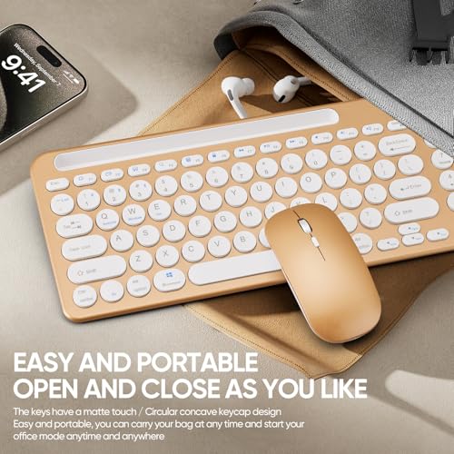 Wireless Keyboard and Mouse Combo with Phone Tablet Holder, Rechargeable Dual-Mode (Bluetooth 5.0 and 3.0 +2.4G) Multi-Device Silent Mouse for Windows, iPad, Tablet, MacOS,iOS,Android (Gold) - color: gold