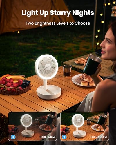 Gaiatop Foldable Desk Fan with Night Light, 6.8in Portable Travel Fan | 6000mAh Battery Powered Fan, USB Rechargeable, Bedroom Office Camping Travel & Cruise Essentials, Gifts for Women Men, White - color: White
