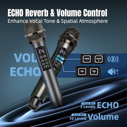 Wireless Microphones for Karaoke Singing, Professional Dual Cordless Mic System with 500ft Range, Rechargeable Receiver, 2.4GHz Auto-Connect, AI Noise Cancelling, Echo/Vol Control for DJ Church Party