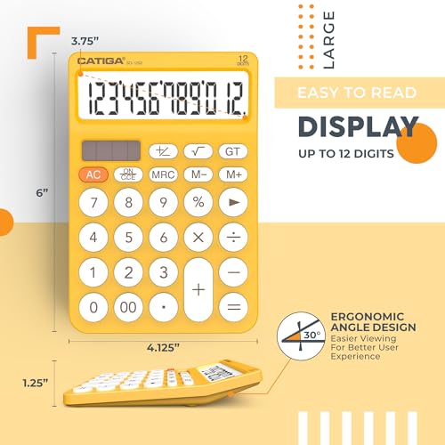CATIGA 12 Digit Desktop Calculator Basic Desk Calculator with Large LCD Display, Big Buttons, 4 Function, Solar and Battery Dual Power, for Office, School, Home, SD-1292 Yellow - color: 9) Yellow