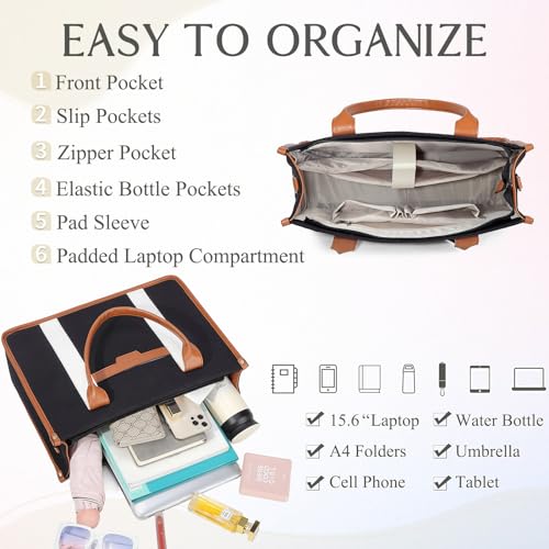 RAVUO Laptop Tote Bag Women, Water Resistant 15.6 Inch Large Canvas Handbag Business Briefcase With Detachable Shoulder Strap - color: Black