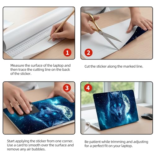 Universal Laptop Skin Sticker Decal, 12"-15.6" Aesthetic Vinyl Wrap, Mystic Blue Wolf Moon Night Waterproof Notebook Cover Art Protector for MacBook HP Dell Lenovo, Fits 13" 14" 15" 15.6" - color: Mystic Blue Wolf Moon Night