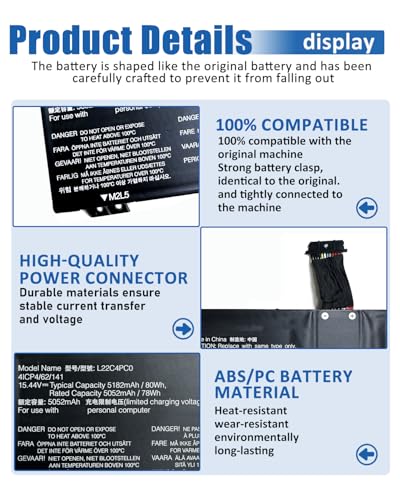 80Wh 4-Cell L22C4PC0 L22M4PC0 Battery Replacement for Lenovo Legion Pro 5-16ARX8 16IRX8 16IRX9 Pro 7-16ARX8H 16IRX8 16IRX8H 16IRX9H Series L22B4PC0 L22D4PC0 L22X4PC0 5182mAh - size: 12.24*3.11*0.31 IN L22C4PC0