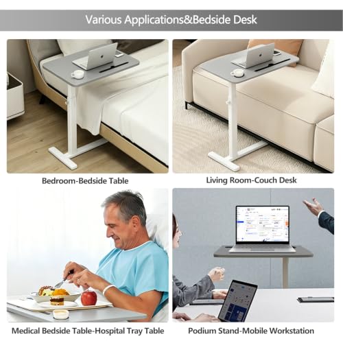 BeGyoku Overbed Table,Over The Bed Table with Hidden Wheels&Cup Holder,Adjustable Bedside Table and Rolling Table Tray&Laptop Cart,Hospital Table Over Bed for Home Use(Gray) - color: Grey