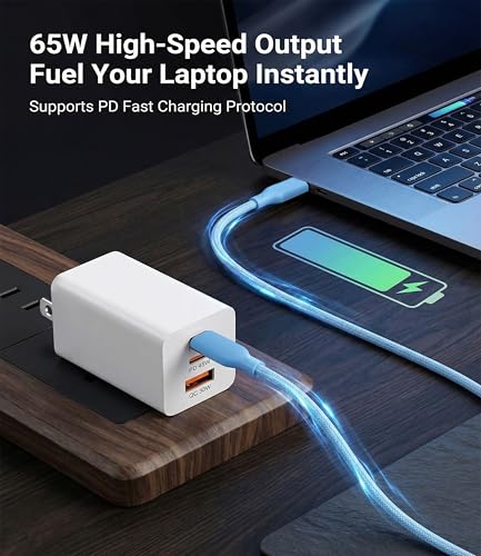 65W USB C Laptop Charger, 3-Port PD Wall Charger Block with 3 Cables (2x1.2m+1x0.6m), Foldable Travel Adapter for Phone, Tablet, Compatible with MacBook - Blue