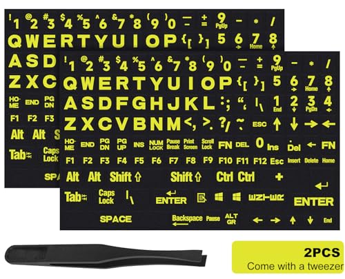 2PCS English Keyboard Stickers, Large Letters Full Set Keyboard Letter Replacement Stickers for Laptop PC Computer, Matte English Keyboard Alphabet Sticker Black Background with Yellow Lettering - color: English-balck/Green-full Set