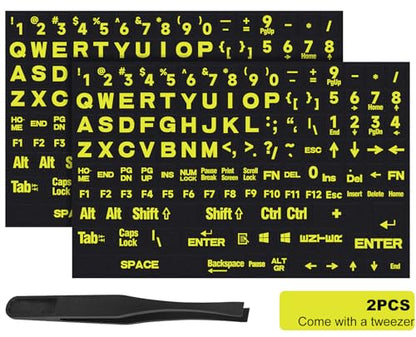 2PCS English Keyboard Stickers, Large Letters Full Set Keyboard Letter Replacement Stickers for Laptop PC Computer, Matte English Keyboard Alphabet Sticker Black Background with Yellow Lettering - color: English-balck/Green-full Set