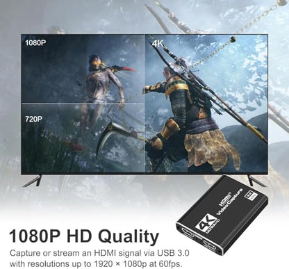 4K HDMI Capture Card USB 3.0 – 1080P 60FPS Gaming & Streaming Video Capture Card with HDMI Loop-Out, Plug & Play, Low-Latency Recording for PS5/PS4/Xbox/Switch/OBS/PC/Mac