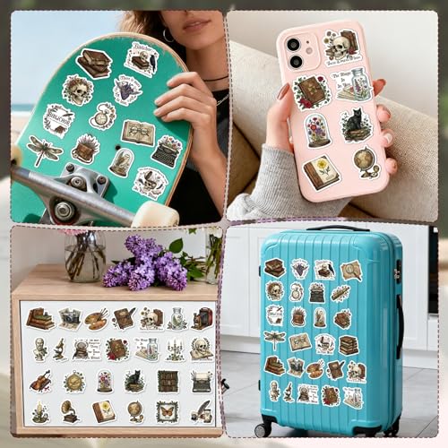100 Pcs Dark Academia Stickers Gothic Bookish Decals | Book Lover Stickers, Glossy Waterproof Vinyl, Gothic Book Design, Vintage Aesthetic Sticker for Water Bottle Laptop Journal - style: Dark Academia