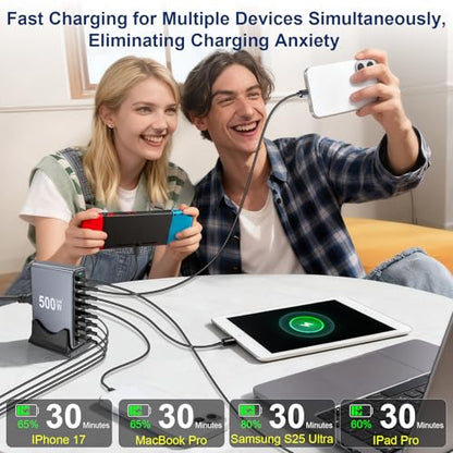 500W USB C Fast Charger Block, PD3.1 140W Multi-Port USB Charging Station, GaN Ⅲ PD PPS Fast Charging Station for Multiple Devices,Laptop Wall Charger Compatible with iPhone 17/iPad/MacBook etc - size: 500W+A 240W Braided Nylon Fast Charging Cable