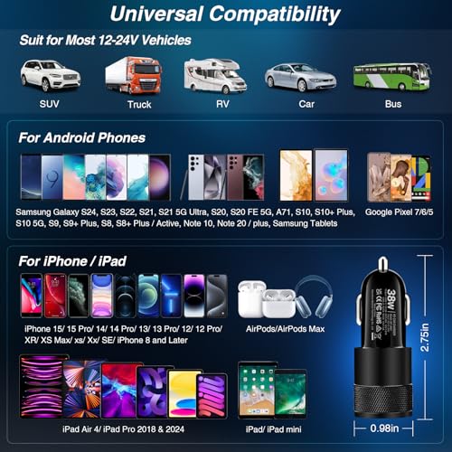 Car Charger, 5Pack 38W Dual Ports USB-C+USB-A Cigarette Lighter Adapter | Fast Charging Car Phone Charger for iPhone 17 Pro Max 16 16e 15 14, Samsung S24, Pixel Cargador para Carro Phone Plug - color: 5-Pack Black