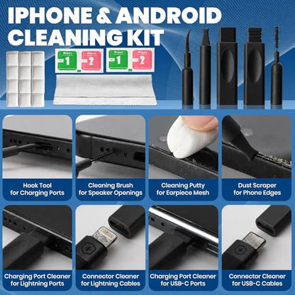 Upgrade Phone Cleaning Kit (57PCS), iPhone Cleaning Kit, Cleaning Kit for AirPods, Keyboard Cleaning Kit, Charging Port Cleaner for Apple Lightning/Android USB-C (Black, with 10 Mini Brush) - color: Black (57PCS)