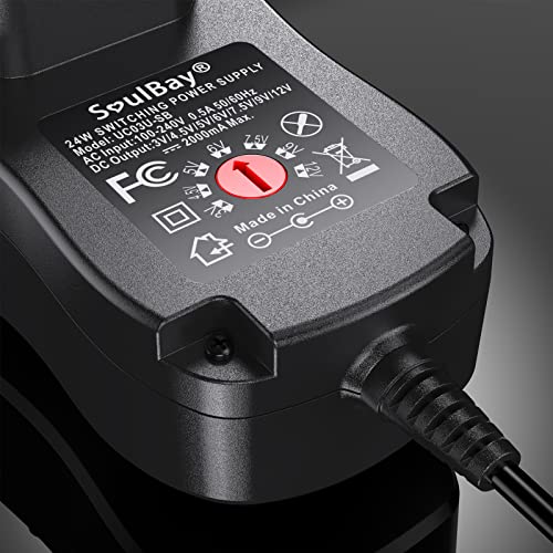 SoulBay 24W Universal AC/DC Adapter 12V 9V 7.5V 6V 5V 4.5V 3V Regulated Switching Power Supply with 8 Selectable Plugs for LED Strip Light Camera Keyboard Speaker Scale Recorder Massager, 2A Output