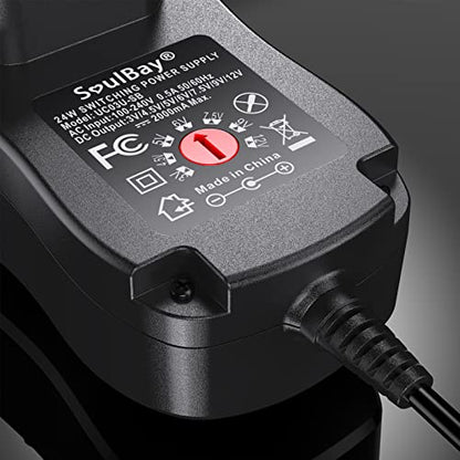 SoulBay 24W Universal AC/DC Adapter 12V 9V 7.5V 6V 5V 4.5V 3V Regulated Switching Power Supply with 8 Selectable Plugs for LED Strip Light Camera Keyboard Speaker Scale Recorder Massager, 2A Output