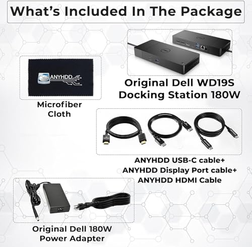 Dell WD19S Docking Station Dual Monitor Bundle - 180W, Supports 4K Display, Dell Dock with 180W Power Supply + Anyhdd 4K HDMI Cable + 4K DisplayPort Cable + USB-C Cable + Microfiber Cloth Included - style: WD19S 180W