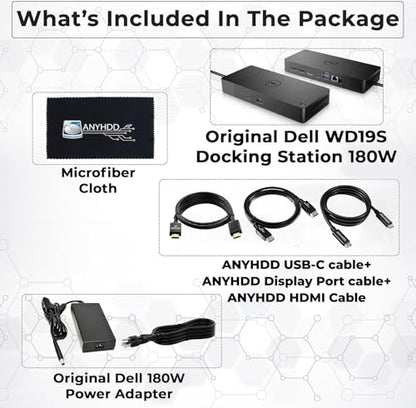 Dell WD19S Docking Station Dual Monitor Bundle - 180W, Supports 4K Display, Dell Dock with 180W Power Supply + Anyhdd 4K HDMI Cable + 4K DisplayPort Cable + USB-C Cable + Microfiber Cloth Included - style: WD19S 180W