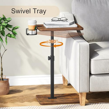 Giikin TV Tray Table, 360° Swivel Height Adjustable TV Trays for Eating on Couch,Sofa Armrest Side Table for Small Spaces Sofa Bed Dinner, Rustic Brown - color: Rustic Brown