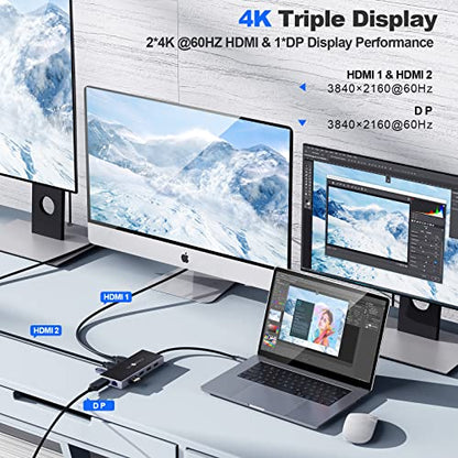 SETMSPCE Docking Station(Three Monitors), DP 4K@60Hz, 2*HDM 4k@60Hz,PD100W, 2*USB-A 10Gbps, PD100W, RJ45 1000Mbps, 2*USB-A 2.0, SD/TF, Audio, Docking Station for USB-C Devices' Data Transmission - size: PD, HDMI, USB-A, SD, TF, 3.5mm Jack, RJ45, DP