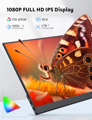HONGO Portable Monitor with Stand 15.6”-Laptop Screen Extender 1080P FHD for USB C hdmi Portable Screen Display Vesa Compatible for Windows Mac/Android/Switch/PS5