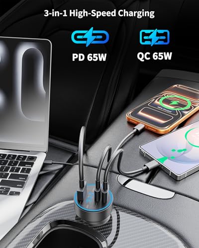 Car Charger USB C, 130W 3-Port Fast Cigarette Lighter USB Charger Adapter | with Voltage Display,12V-24V USB Outlet, Super Fast Charging for iPhone 17 16 15 14 13 12 Galaxy iPad MacBook Android Phone