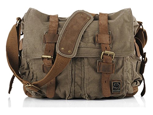 Sechunk Vintage Military Leather Canvas Laptop Bag Messenger Bags Medium - color: Army Green, size: Large--17‘’