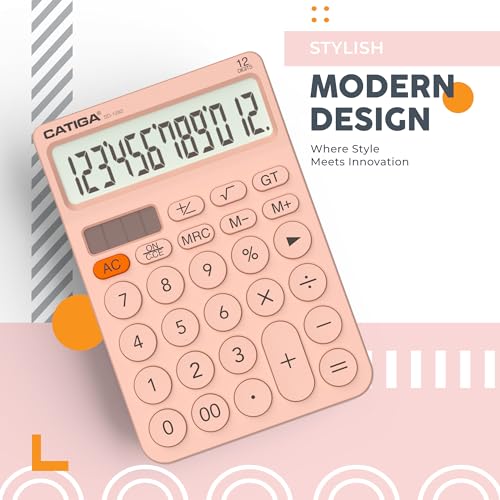 CATIGA 12 Digit Desktop Calculator Basic Desk Calculator with Large LCD Display, Big Buttons, 4 Function, Solar and Battery Dual Power, for Office, School, Home, SD-1292 Pink - color: 3) Pink