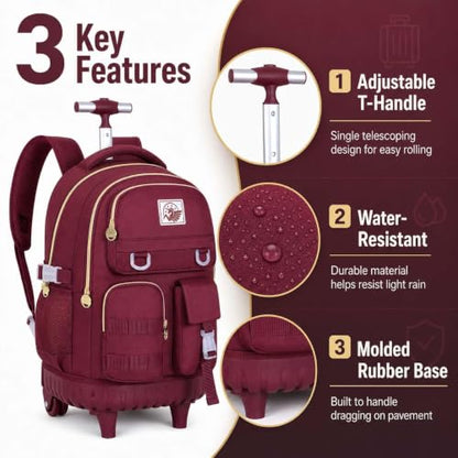 CCJPX Rolling Backpack for Girls, 21 inch Women Roller Wheels School Bookbag, Laptop Wheeled Water Resistant Wheeled Bookbag Set - Red - color: Red