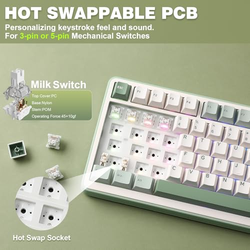 YUNZII B75 PRO Wireless Mechanical Gaming Keyboard | Custom 75% Layout with Knob,Gasket Mount,Hot Swap,Creamy Pre-lubed Switch,BT/USB-C/2.4G (Matcha Green, Milk Switch) - color: Matcha Green, size: Milk Switch