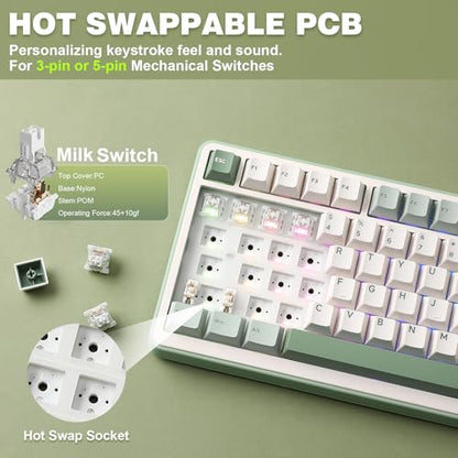 YUNZII B75 PRO Wireless Mechanical Gaming Keyboard | Custom 75% Layout with Knob,Gasket Mount,Hot Swap,Creamy Pre-lubed Switch,BT/USB-C/2.4G (Matcha Green, Milk Switch) - color: Matcha Green, size: Milk Switch