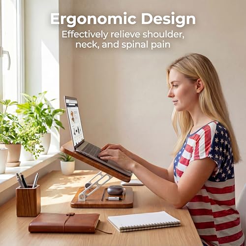 Adjustable Laptop Desk Stand Wood with Storage Slot | Ergonomic Foldable Computer Riser ，Ventilated Cooling Design, Fit all 10-17 Inch Laptops & Tablets