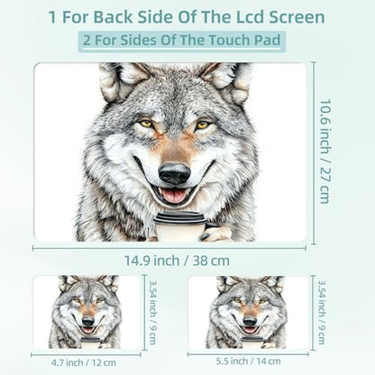 Universal Laptop Skin Decal, 3-Piece Vinyl Protector for 12 13 14 15.6" Notebook, Waterproof Anti-Scratch, Easy Trim & Bubble-Free Finish, Smiling Wolf Holding Coffee - color: Smiling Wolf Holding Coffee