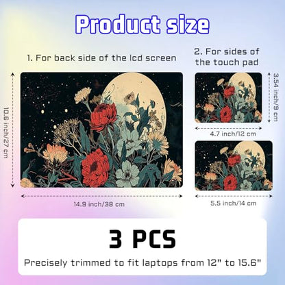 Universal Laptop Skin Sticker Decal, Compatible with MacBook HP Dell Lenovo 12"-15.6", Reusable Vinyl Notebook Cover 3PCS Set, High-Recognition Film-the Moon and Flowers - color: the moon and flowers