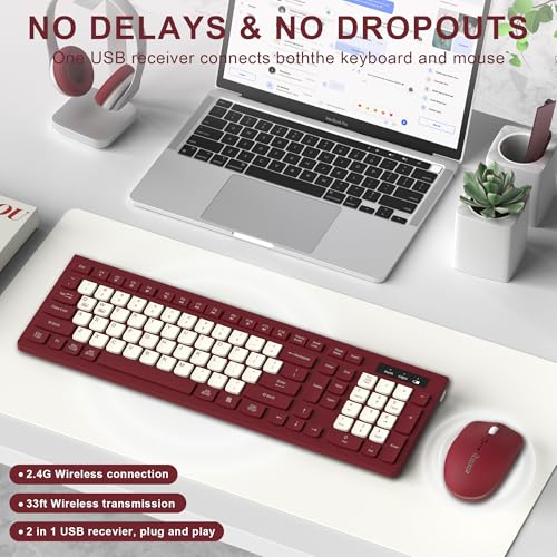 Wireless Keyboard and Mouse Combo, Full-Sized Wireless Keyboard and Adjustable DPI Mouse, 2.4GHz USB Receiver, Keyboard and Mouse for PC, Windows, Desktop, Laptop (Wine Red-B) - color: Wine Red-B