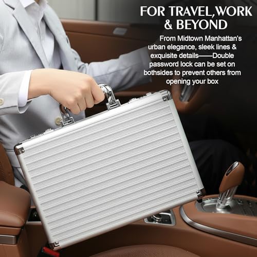 Locking Briefcase 15" File Organizer Storage Box, Portable with Dual Combination Locks, Durable Aluminum Alloy Frame for Cash/Documents, Ideal for Home/Office/Travel/Business