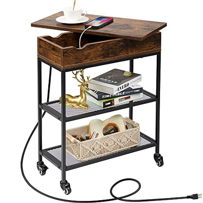 Hadulcet Narrow End Table with Charging Station & Rotating Top, Couch Snack Tables, Swivel Table for Recliner Living Room & Bedroom, Rolling Slim Side Table on Wheels, Skinny Nightstand, Rustic Brown - color: Rustic Brown